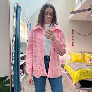 Vintage Barbie pink open knit cardigan. Size Small to Medium.
